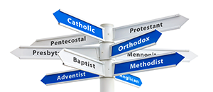 sign post listing different Christian traditions