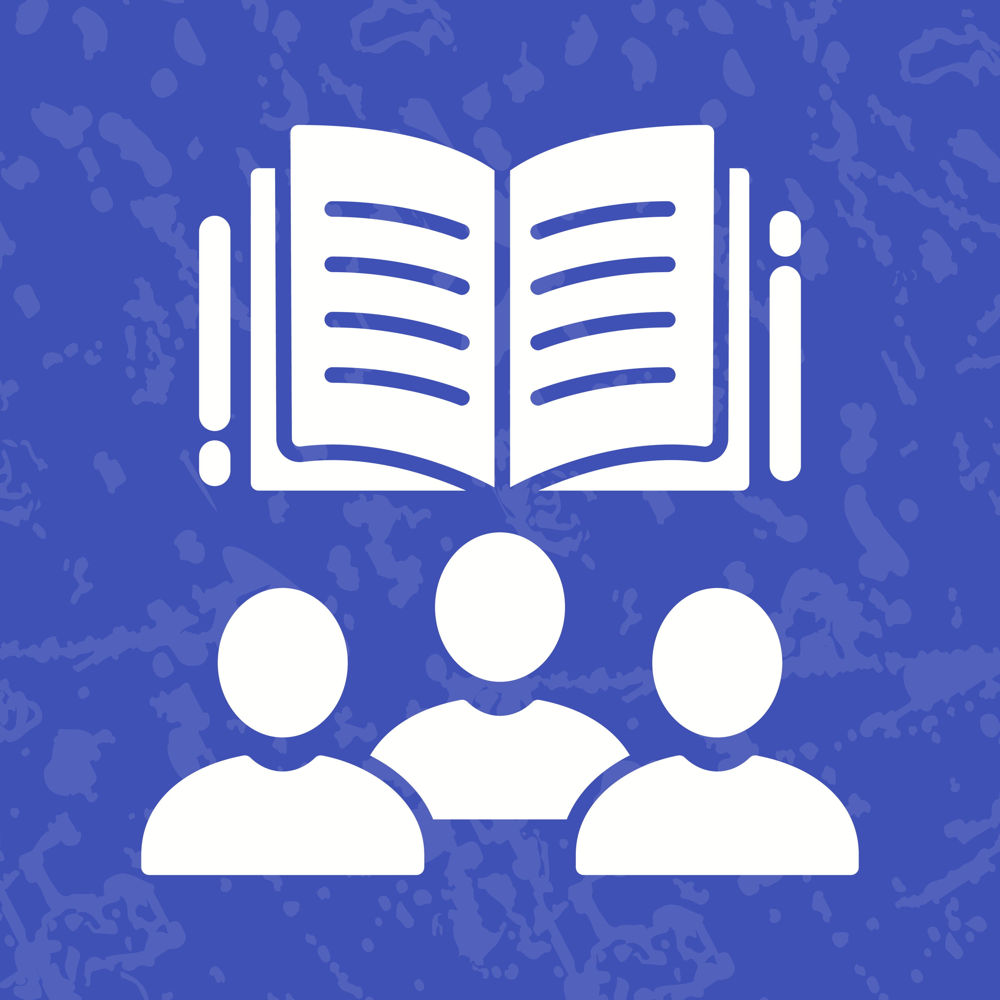 Graphic of a group of three people below a book