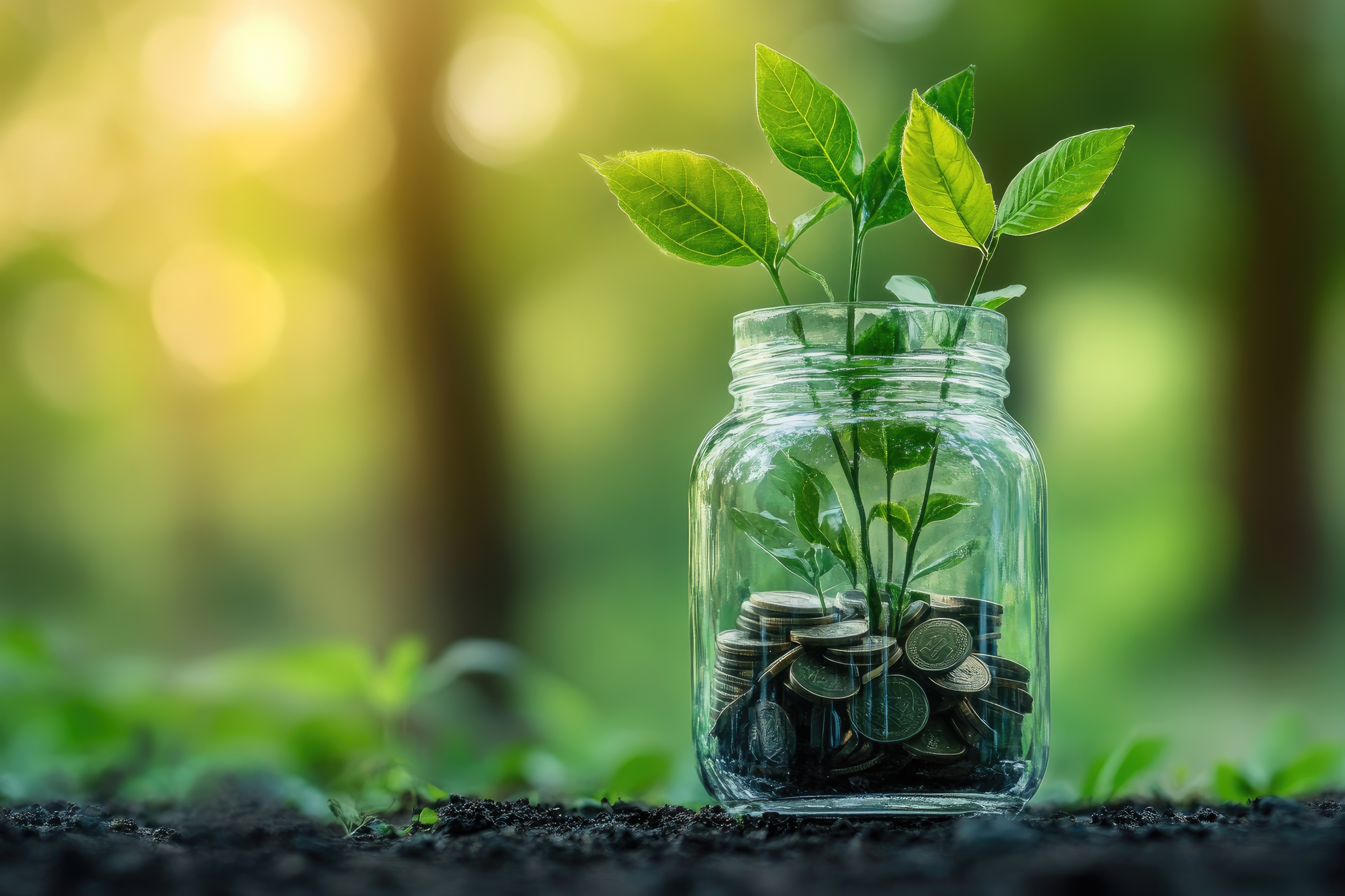 A jar of coins with plants growing out it